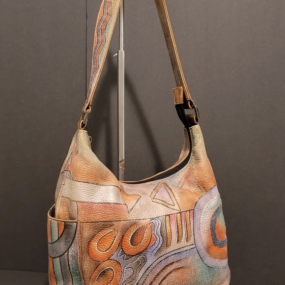 Anushka Hand Painted Leather Hobo Shoulder Bag Geometric Shapes - Picture 8 of 15